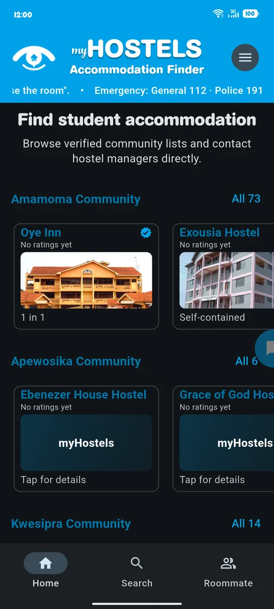 myHostels app showing hostels by community